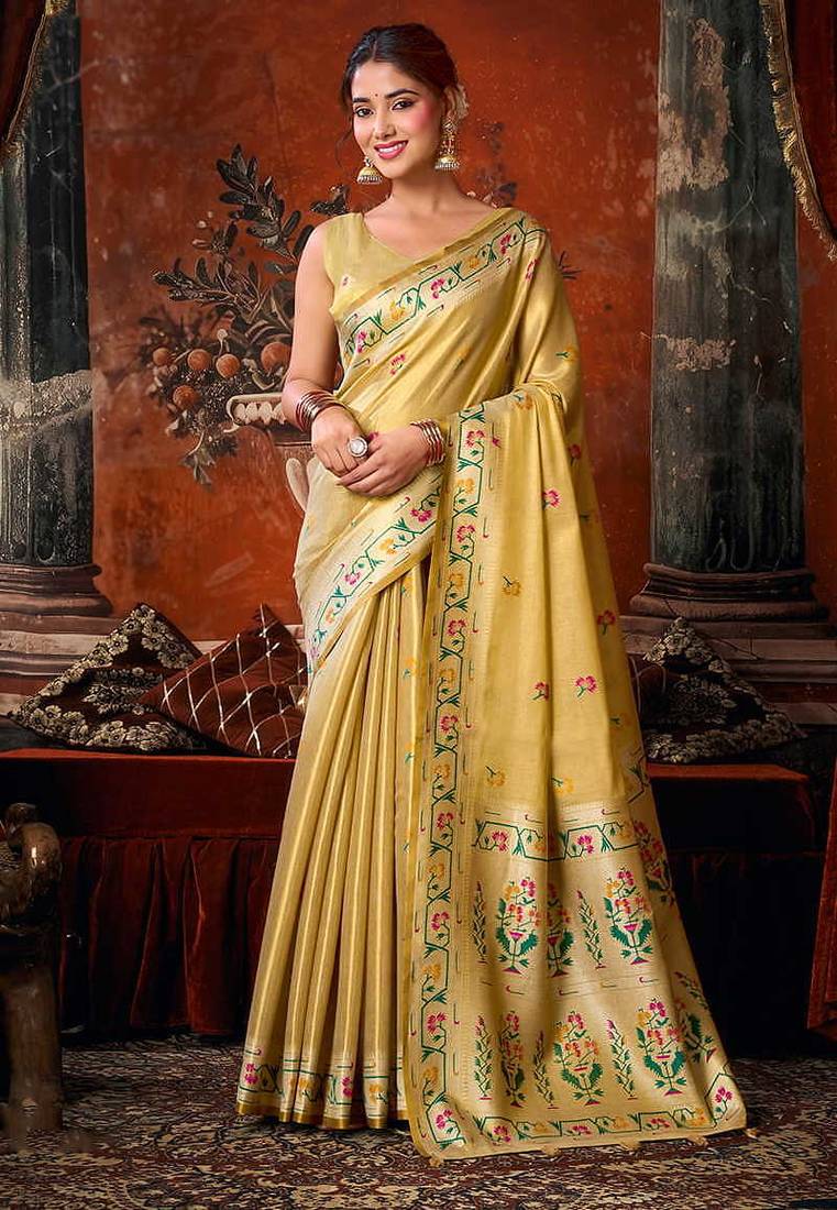 Beige tissue silk blend saree with floral zari border