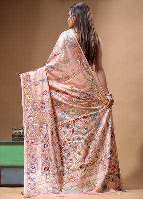 dusty coral silk blend stitch saree with multicolor hand-embroidered floral pallu 3