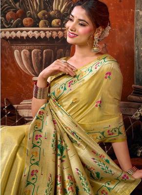 Beige tissue silk blend saree with floral zari border 2