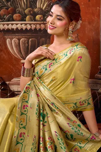Beige tissue silk blend saree with floral zari border