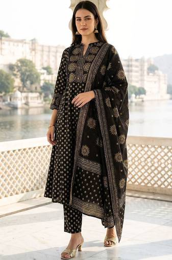 Women Ethnic Motifs Printed Regular Pure Cotton Kurta with Trousers & With Dupatta