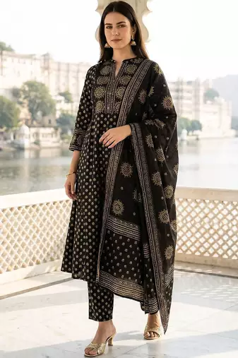 Women Ethnic Motifs Printed Regular Pure Cotton Kurta with Trousers & With Dupatta