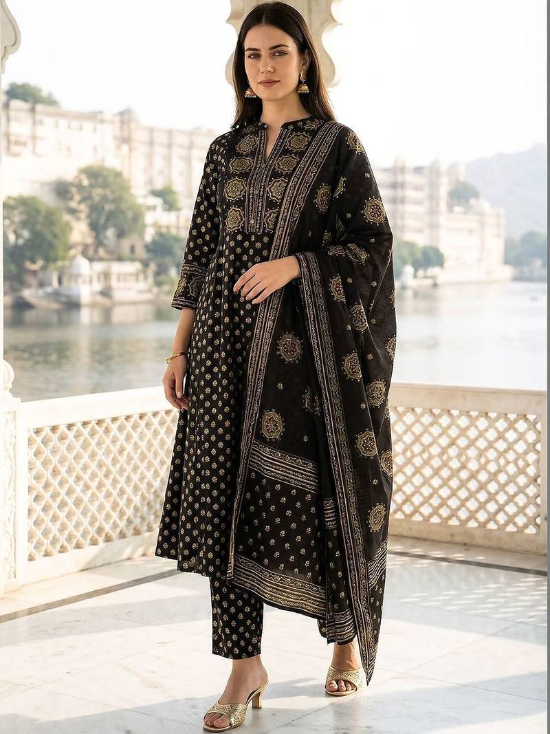 Women Ethnic Motifs Printed Regular Pure Cotton Kurta with Trousers & With Dupatta