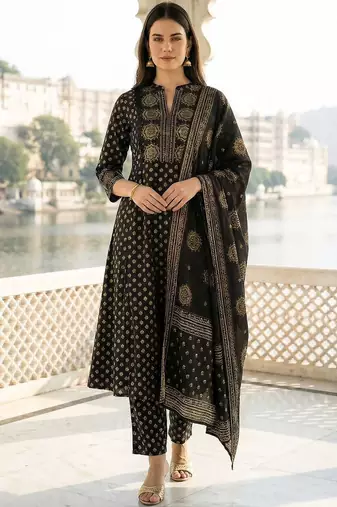 Women Ethnic Motifs Printed Regular Pure Cotton Kurta with Trousers & With Dupatta