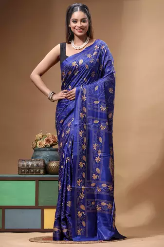 royal blue silk blend stitch saree with beige hand-embroidered floral pallu