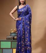 royal blue silk blend stitch saree with beige hand-embroidered floral pallu
