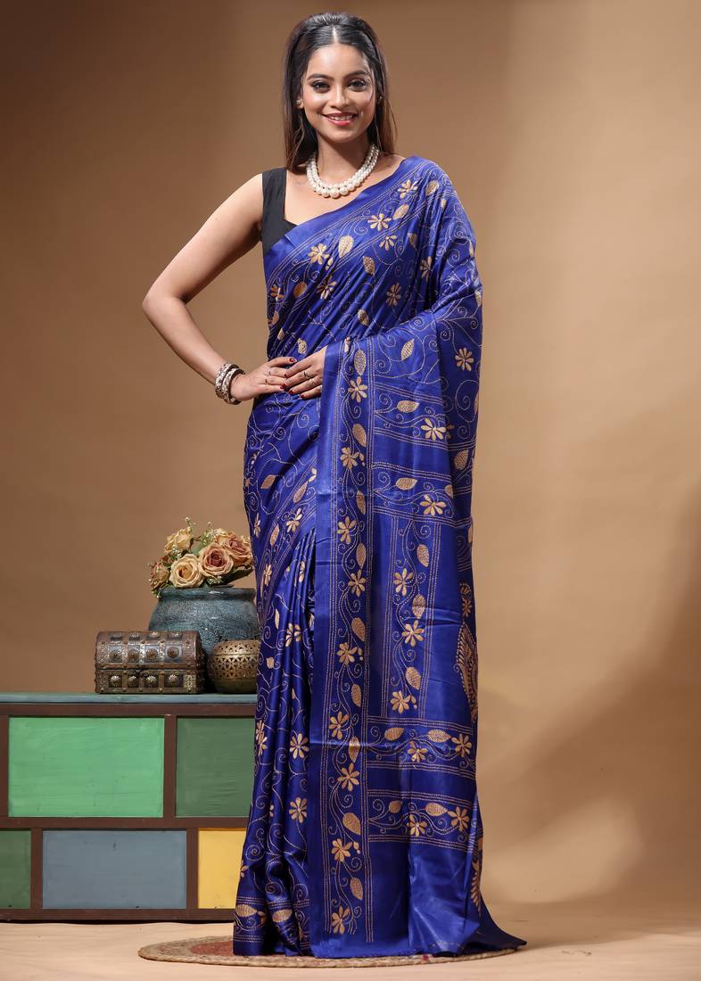 royal blue silk blend stitch saree with beige hand-embroidered floral pallu