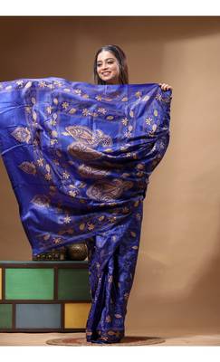 royal blue silk blend stitch saree with beige hand-embroidered floral pallu 2