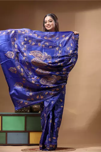 royal blue silk blend stitch saree with beige hand-embroidered floral pallu