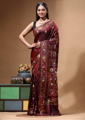 chocolate brown silk blend stitch saree with multicolor hand-embroidered floral pallu 1