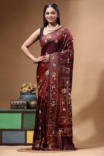 chocolate brown silk blend stitch saree with multicolor hand-embroidered floral pallu