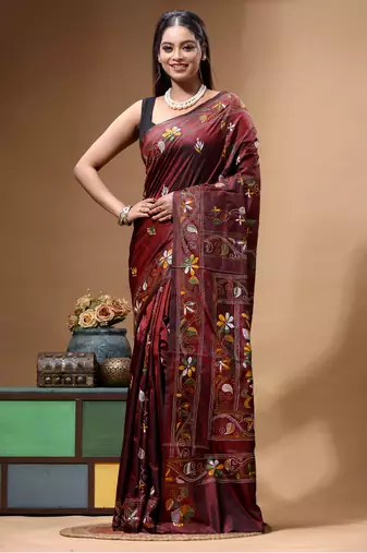 chocolate brown silk blend stitch saree with multicolor hand-embroidered floral pallu