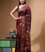 chocolate brown silk blend stitch saree with multicolor hand-embroidered floral pallu
