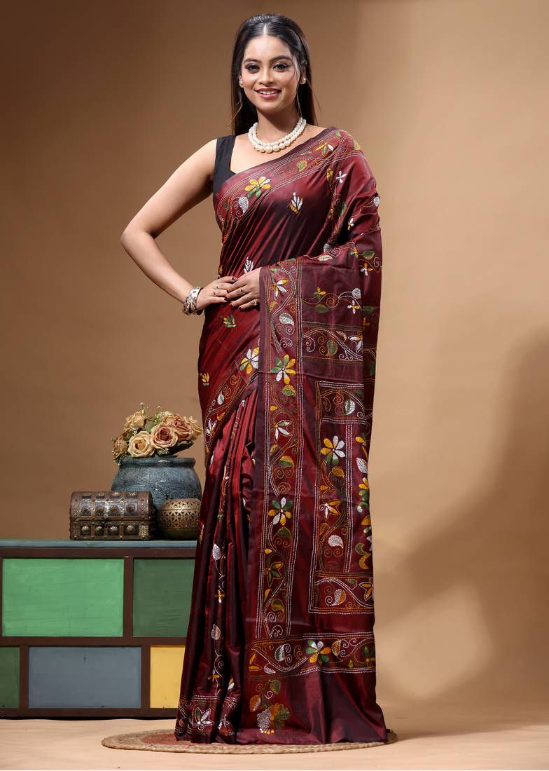 chocolate brown silk blend stitch saree with multicolor hand-embroidered floral pallu