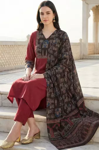 Women Ethnic Motifs Regular Pure Cotton Kurta with Trousers & With Dupatta
