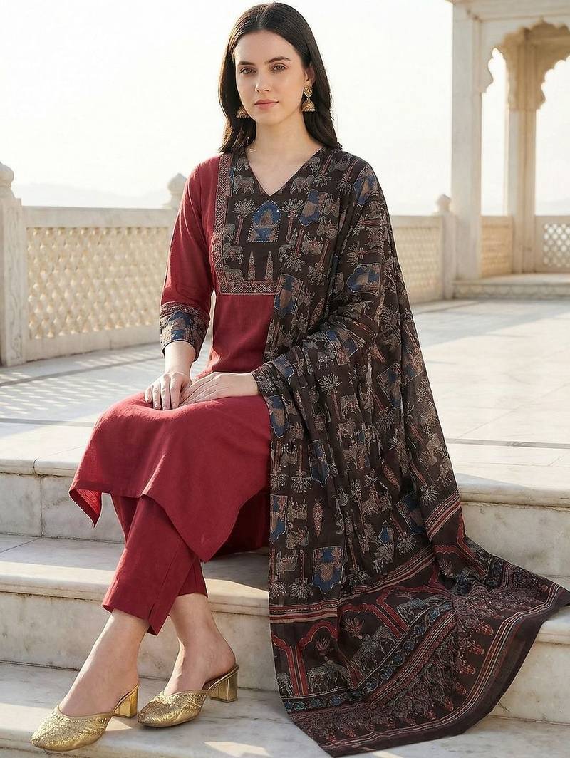 Women Ethnic Motifs Regular Pure Cotton Kurta with Trousers & With Dupatta