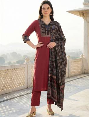 Women Ethnic Motifs Regular Pure Cotton Kurta with Trousers & With Dupatta 6