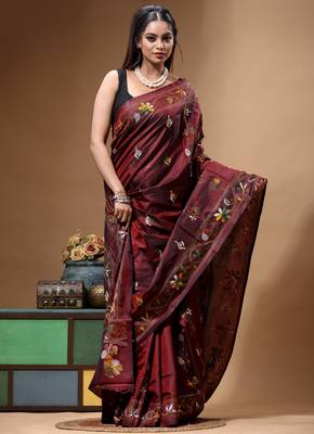 chocolate brown silk blend stitch saree with multicolor hand-embroidered floral pallu 2