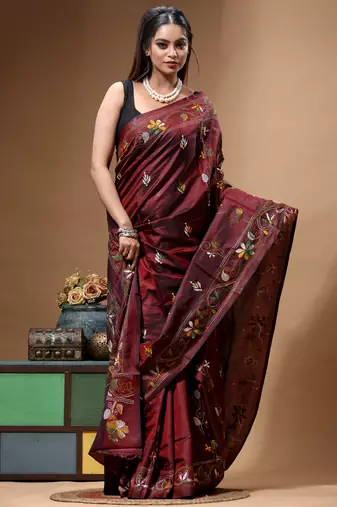 chocolate brown silk blend stitch saree with multicolor hand-embroidered floral pallu