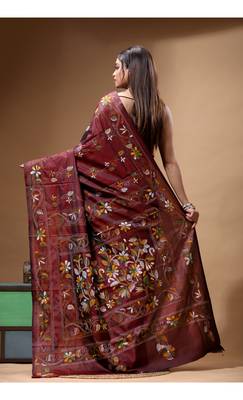 chocolate brown silk blend stitch saree with multicolor hand-embroidered floral pallu 3