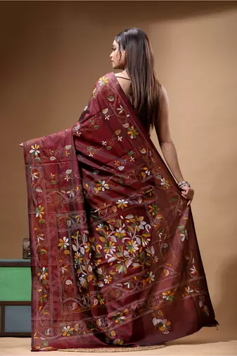 chocolate brown silk blend stitch saree with multicolor hand-embroidered floral pallu