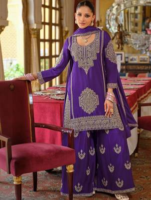 Ethnic Motifs Embroidered Chinon Beads And Stones Kurta With Palazzos & Dupatta 1