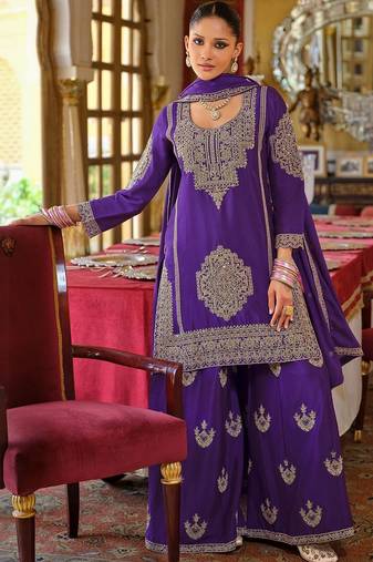 Ethnic Motifs Embroidered Chinon Beads And Stones Kurta With Palazzos & Dupatta