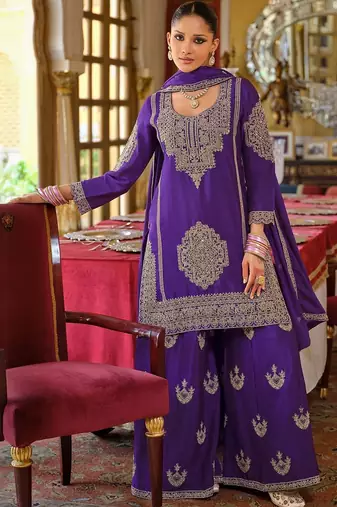 Ethnic Motifs Embroidered Chinon Beads And Stones Kurta With Palazzos & Dupatta