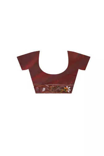 chocolate brown silk blend stitch saree with multicolor hand-embroidered floral pallu