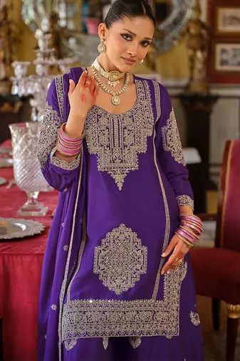 Ethnic Motifs Embroidered Chinon Beads And Stones Kurta With Palazzos & Dupatta