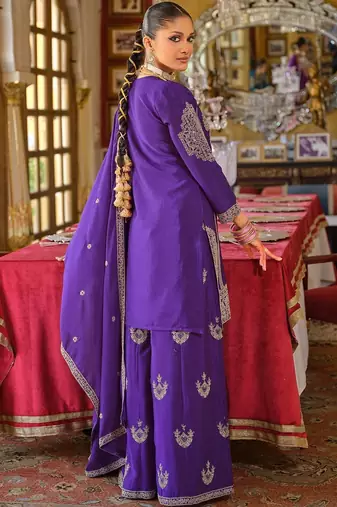 Ethnic Motifs Embroidered Chinon Beads And Stones Kurta With Palazzos & Dupatta