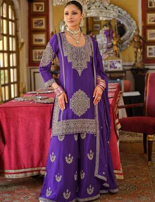 Ethnic Motifs Embroidered Chinon Beads And Stones Kurta With Palazzos & Dupatta 5