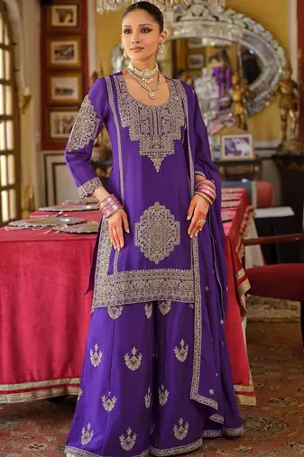 Ethnic Motifs Embroidered Chinon Beads And Stones Kurta With Palazzos & Dupatta