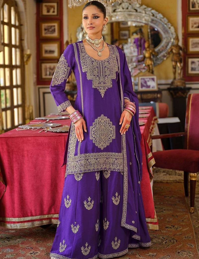 Ethnic Motifs Embroidered Chinon Beads And Stones Kurta With Palazzos & Dupatta