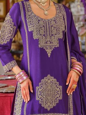 Ethnic Motifs Embroidered Chinon Beads And Stones Kurta With Palazzos & Dupatta 6