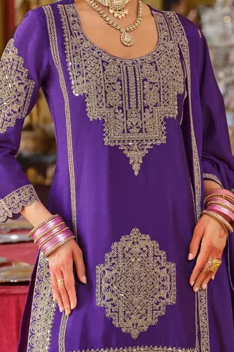 Ethnic Motifs Embroidered Chinon Beads And Stones Kurta With Palazzos & Dupatta