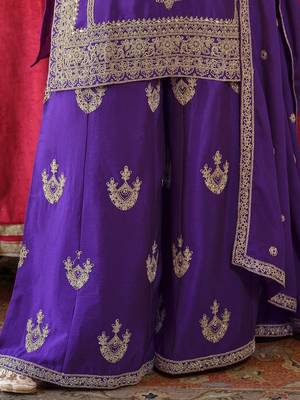 Ethnic Motifs Embroidered Chinon Beads And Stones Kurta With Palazzos & Dupatta 7