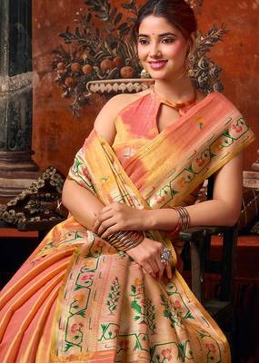 Peach tissue silk blend saree with floral zari border 2