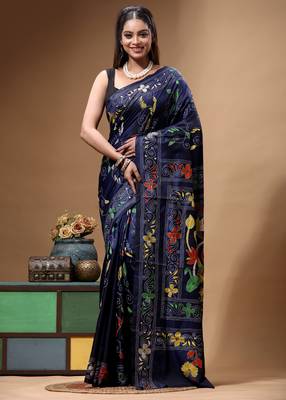 navy blue silk blend stitch saree with multicolor hand-embroidered floral pallu 1