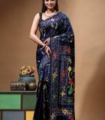 navy blue silk blend stitch saree with multicolor hand-embroidered floral pallu