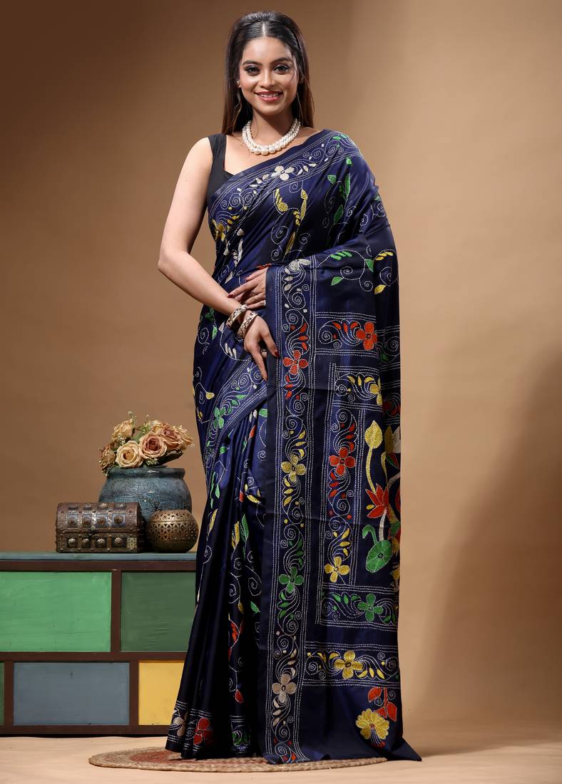 navy blue silk blend stitch saree with multicolor hand-embroidered floral pallu