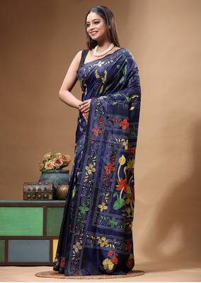 navy blue silk blend stitch saree with multicolor hand-embroidered floral pallu 2