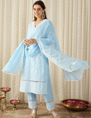 Women Ethnic Motifs Embroidered Regular Chikankari Pure Cotton Kurta with Trousers & With Dupatta 1