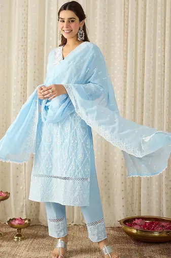 Women Ethnic Motifs Embroidered Regular Chikankari Pure Cotton Kurta with Trousers & With Dupatta