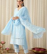 Women Ethnic Motifs Embroidered Regular Chikankari Pure Cotton Kurta with Trousers & With Dupatta