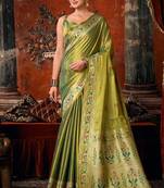 Olive green tissue silk blend saree with floral zari border