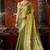 Olive green tissue silk blend saree with floral zari border