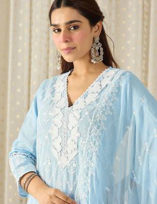 Women Ethnic Motifs Embroidered Regular Chikankari Pure Cotton Kurta with Trousers & With Dupatta 2
