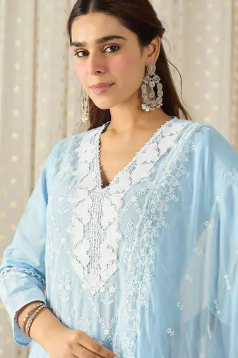 Women Ethnic Motifs Embroidered Regular Chikankari Pure Cotton Kurta with Trousers & With Dupatta