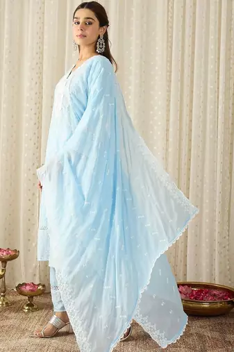 Women Ethnic Motifs Embroidered Regular Chikankari Pure Cotton Kurta with Trousers & With Dupatta
